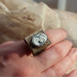 Locket Ring, Cameo Locket Ring, Fire Opal Ring, Solder Set Locket Ring